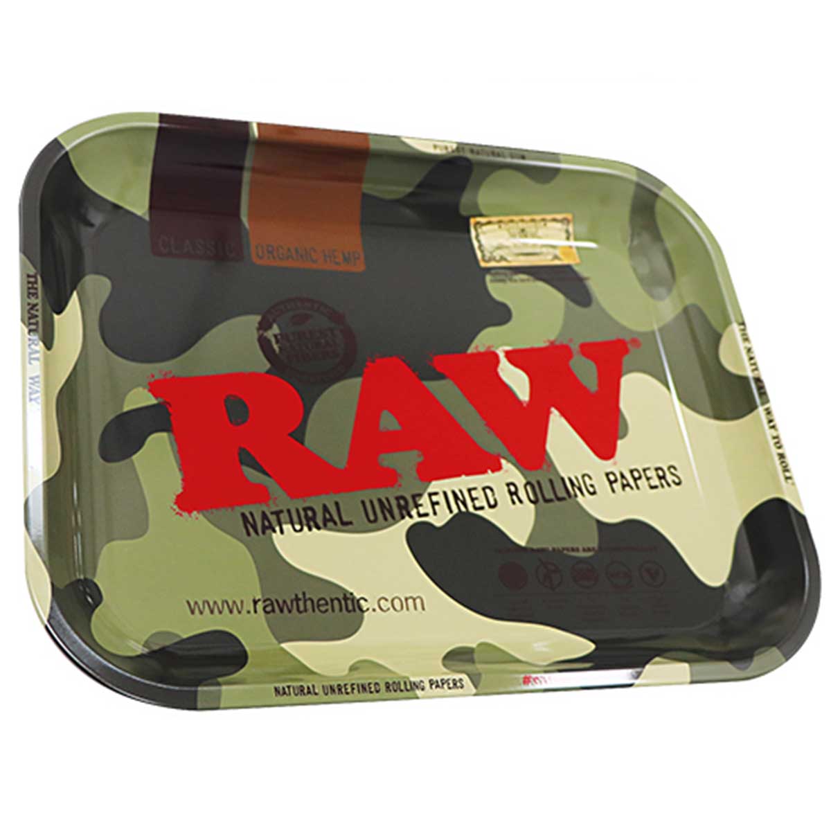 RAW Rolling Tray im großen Format 34 x 27,5 cm mit Camouflage-Design, langlebiges und stabiles Metalltablett zum Drehen und Organisieren von Rauchzubehör, ideal für den stylischen Einsatz unterwegs und zu Hause.1