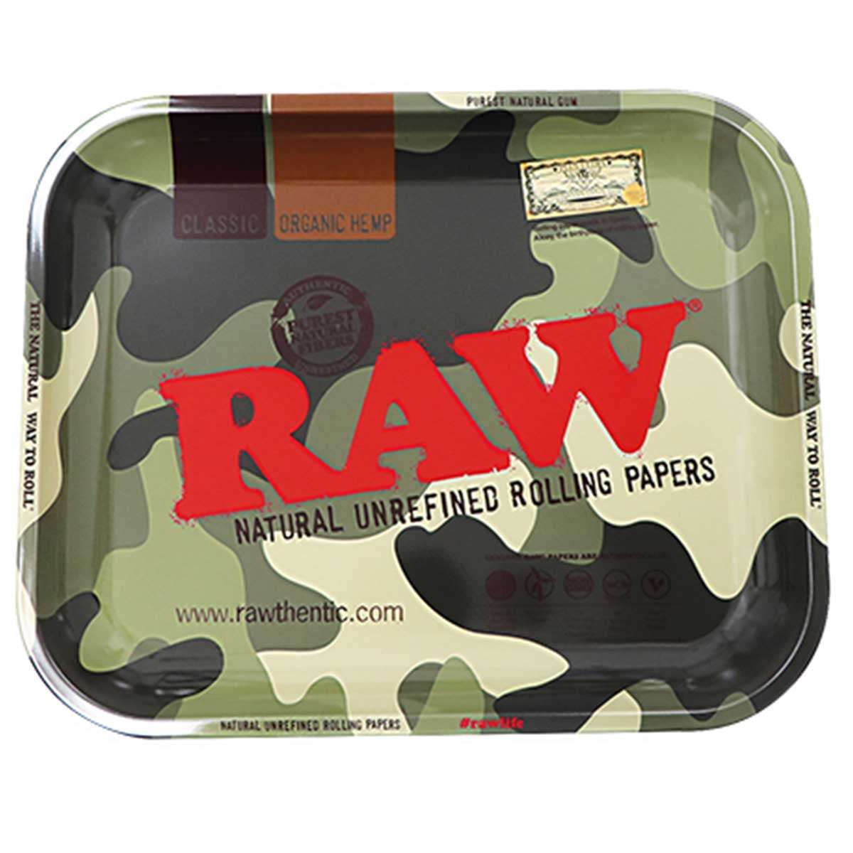 RAW Rolling Tray im großen Format 34 x 27,5 cm mit Camouflage-Design, langlebiges und stabiles Metalltablett zum Drehen und Organisieren von Rauchzubehör, ideal für den stylischen Einsatz unterwegs und zu Hause.