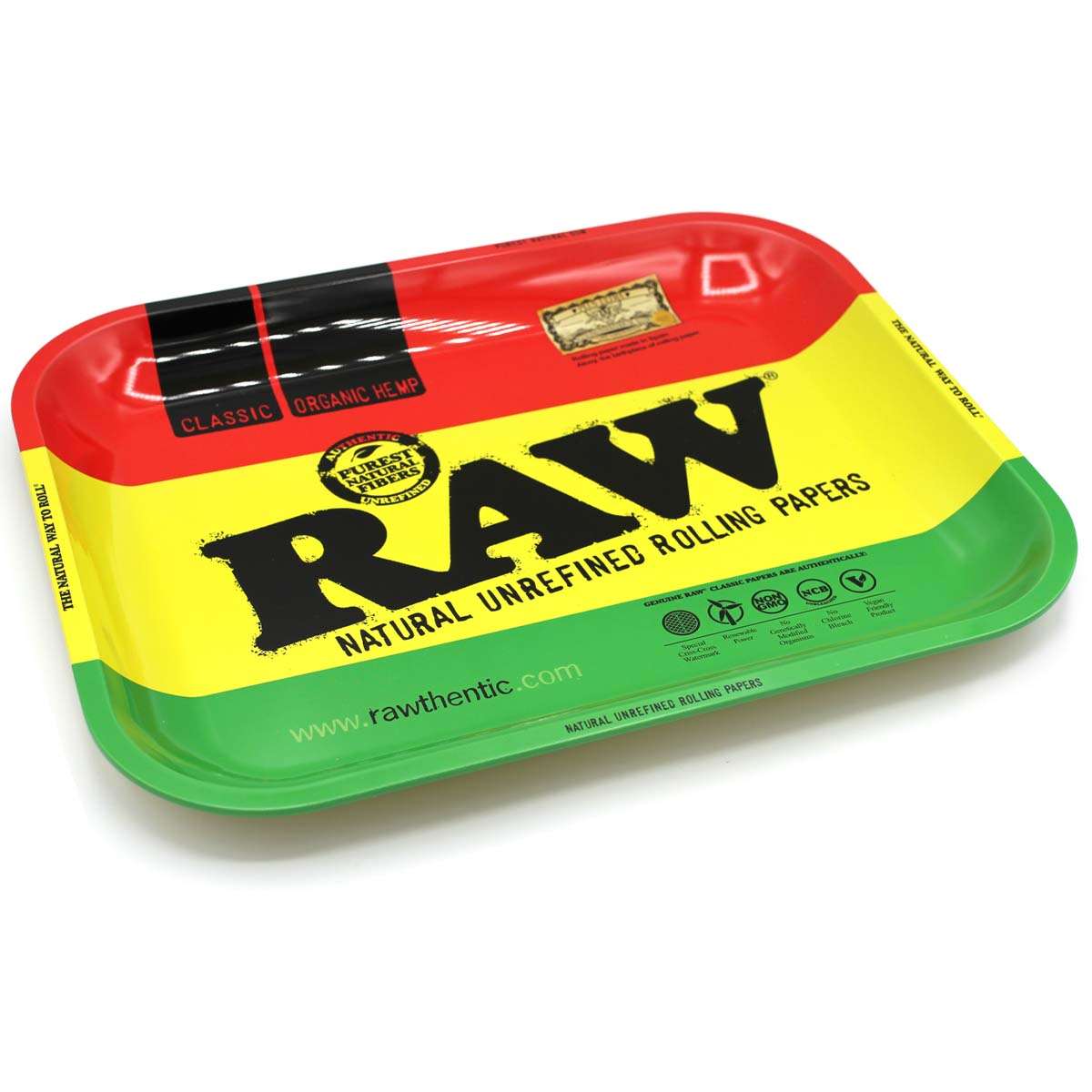 RAW Rasta Rolling Tray, große Drehunterlage, 34,0 x 27,5 cm, im Rasta-Design, ideal zum Vorbereiten und Organisieren von Rauchzubehör. Seitenansicht