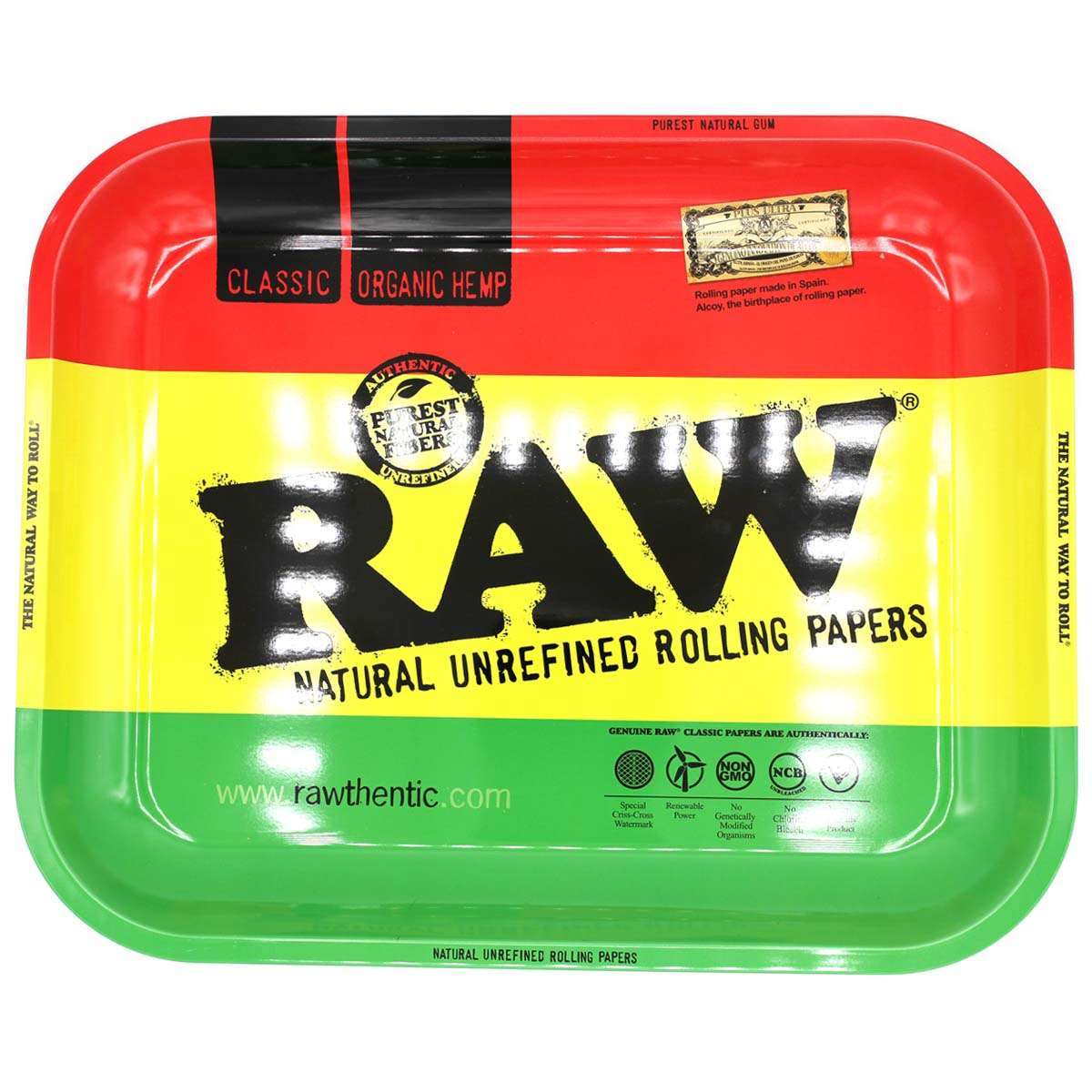 RAW Rasta Rolling Tray, große Drehunterlage, 34,0 x 27,5 cm, im Rasta-Design, ideal zum Vorbereiten und Organisieren von Rauchzubehör. Frontansicht