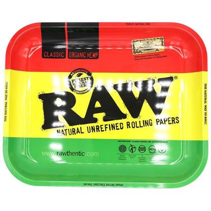 RAW Rasta Rolling Tray, große Drehunterlage, 34,0 x 27,5 cm, im Rasta-Design, ideal zum Vorbereiten und Organisieren von Rauchzubehör. Frontansicht