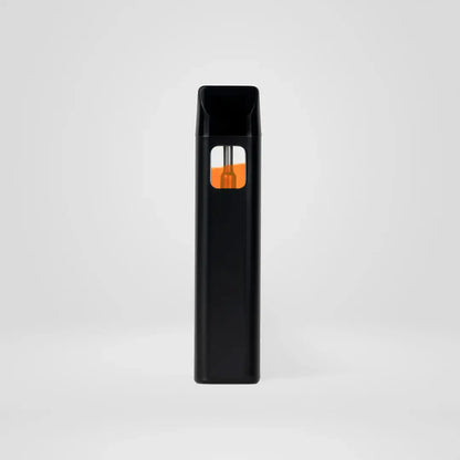 Schwarzer Einweg-Vape-Pen mit sichtbarem, orangefarbenem 10-OH-HHC  Liquid, minimalistisches Design auf grauem Hintergrund, ideal für den diskreten und praktischen Gebrauch