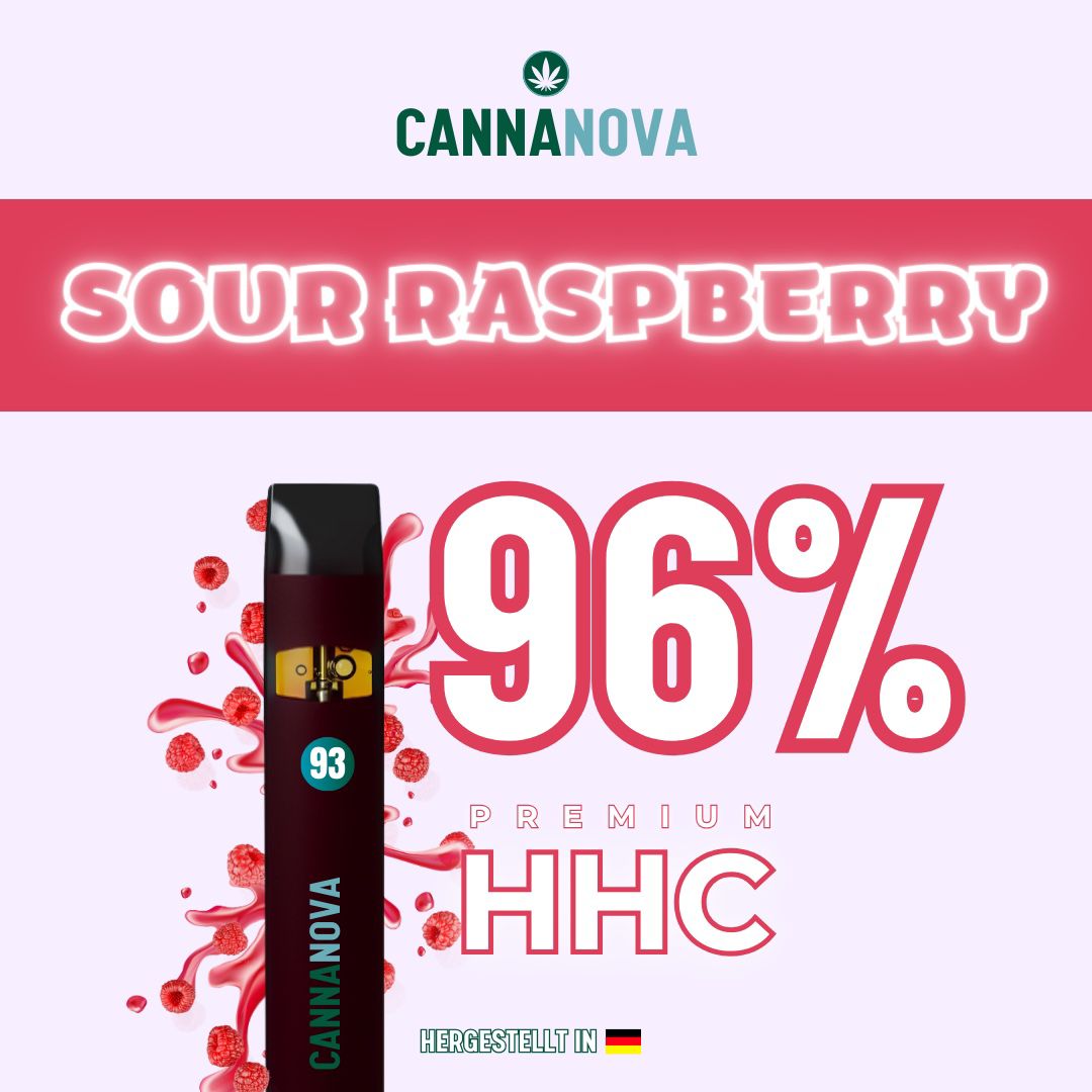 Cannanova HHC Vape Sour Raspberry mit 96% Premium HHC, hergestellt in Deutschland. Rote Vape-Pen mit Himbeer-Design.
