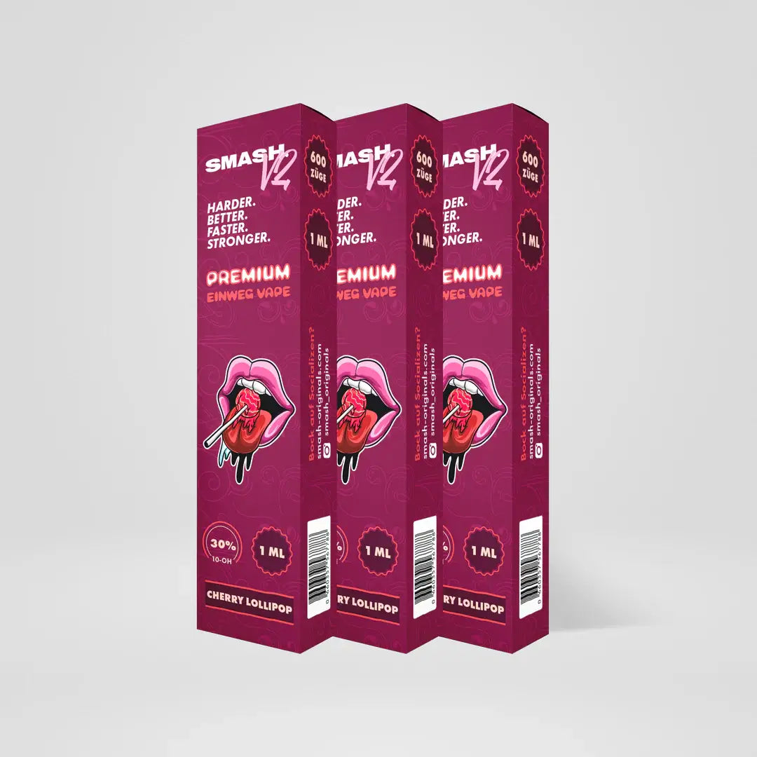 Drei Verpackungen der Smash V2 10-OH-HHC Premium Einweg-Vape Cherry Lollipop,, 1 ml Liquid, 600 Züge, auffälliges Design mit Eiscreme-Motiv, grauer Hintergrund